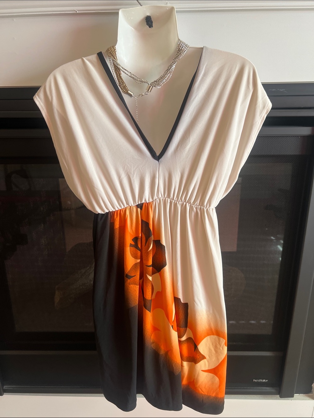Women’s Cream and Orange Floral V-Neck Blouse